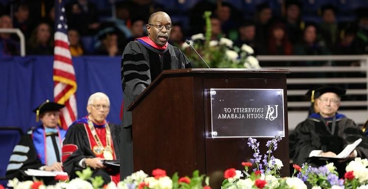 Dr. Alvin Williams, distinguished professor and chair of marketing and quantitative methods in the Mitchell College of Business, cautioned graduates against “success myopia” that can lead to disappointment and unwanted stress. “Craft a broader, more expansive definition of success in life,” he said. 