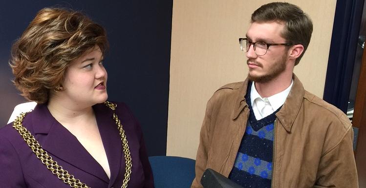 Dr. Stockmann, portrayed by Brandon Mallette, finds less than a warm welcome from the town's mayor, portrayed by Morgan Carithers, in the upcoming USA Theatre production of "Enemy of the People." 
